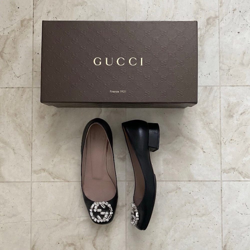 Gucci Interlocking G Black Leather Crystal Embellished Block Heels Pumps Size 6